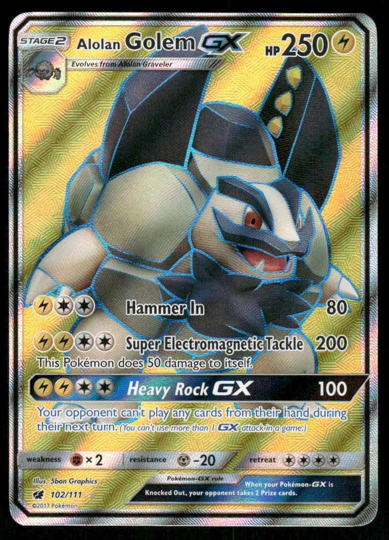 Pokemon Cards Alolan Golem GX 102/111 Crimson Invasion Rare Ultra NM0