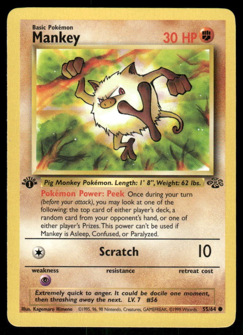 Pokemon Cards Mankey 55/64 1ST EDITION Jungle Common NM0