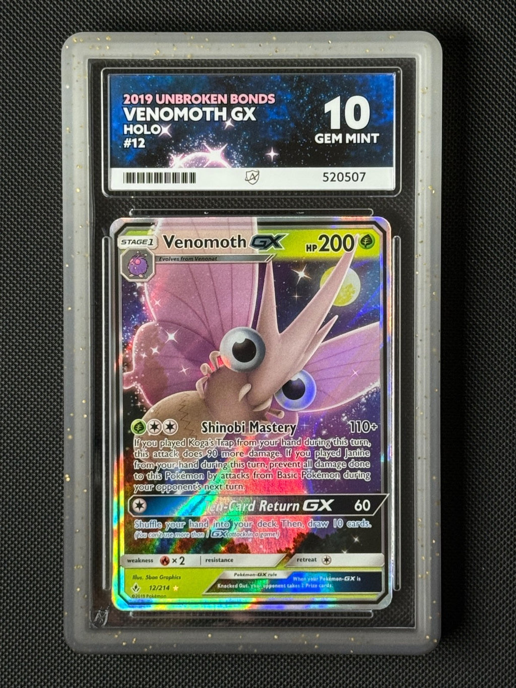 ACE 10 Venomoth GX 12/214 Pokémon Card SM Unbroken Bonds Holo GEM MINT0
