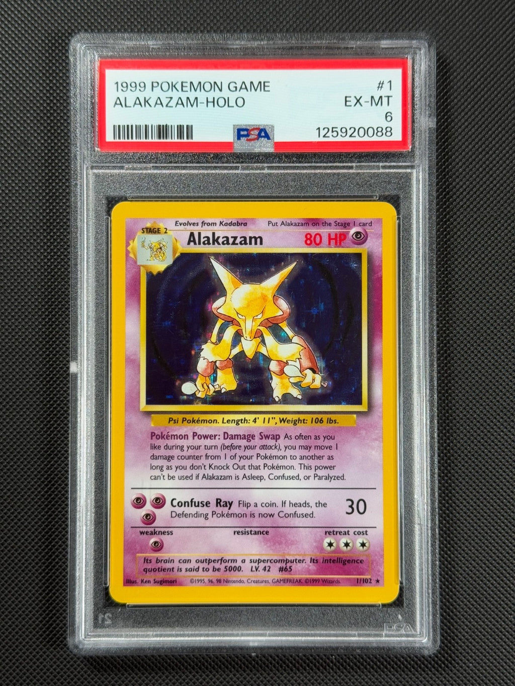 PSA 6 Alakazam 1/102 HOLO Pokémon Card WOTC Base Set Rare Holo EX-MT0