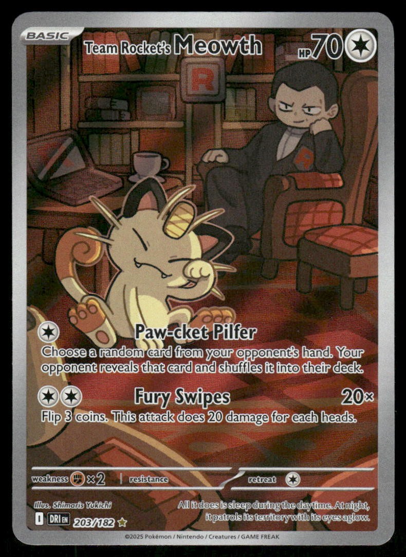 Pokemon Cards Team Rocket's Meowth 203/182 Destined Rivals Illustration Rare NM0