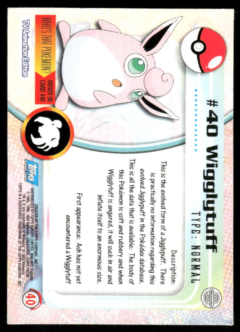Pokemon Cards Wigglytuff #40 HOLO Topps Trading Cards Series 1 LP1