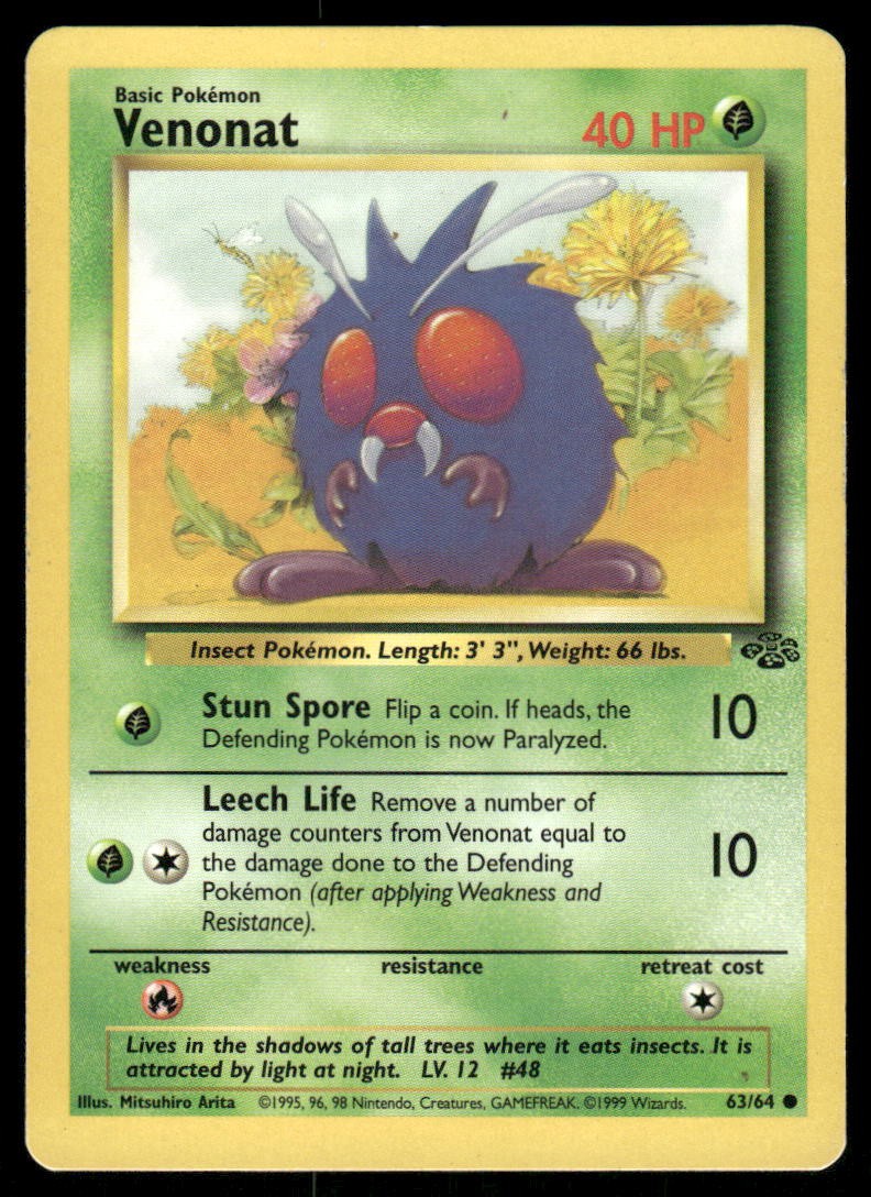 Pokemon Cards Venonat 63/64 UNLIMITED Jungle WOTC Common LP0
