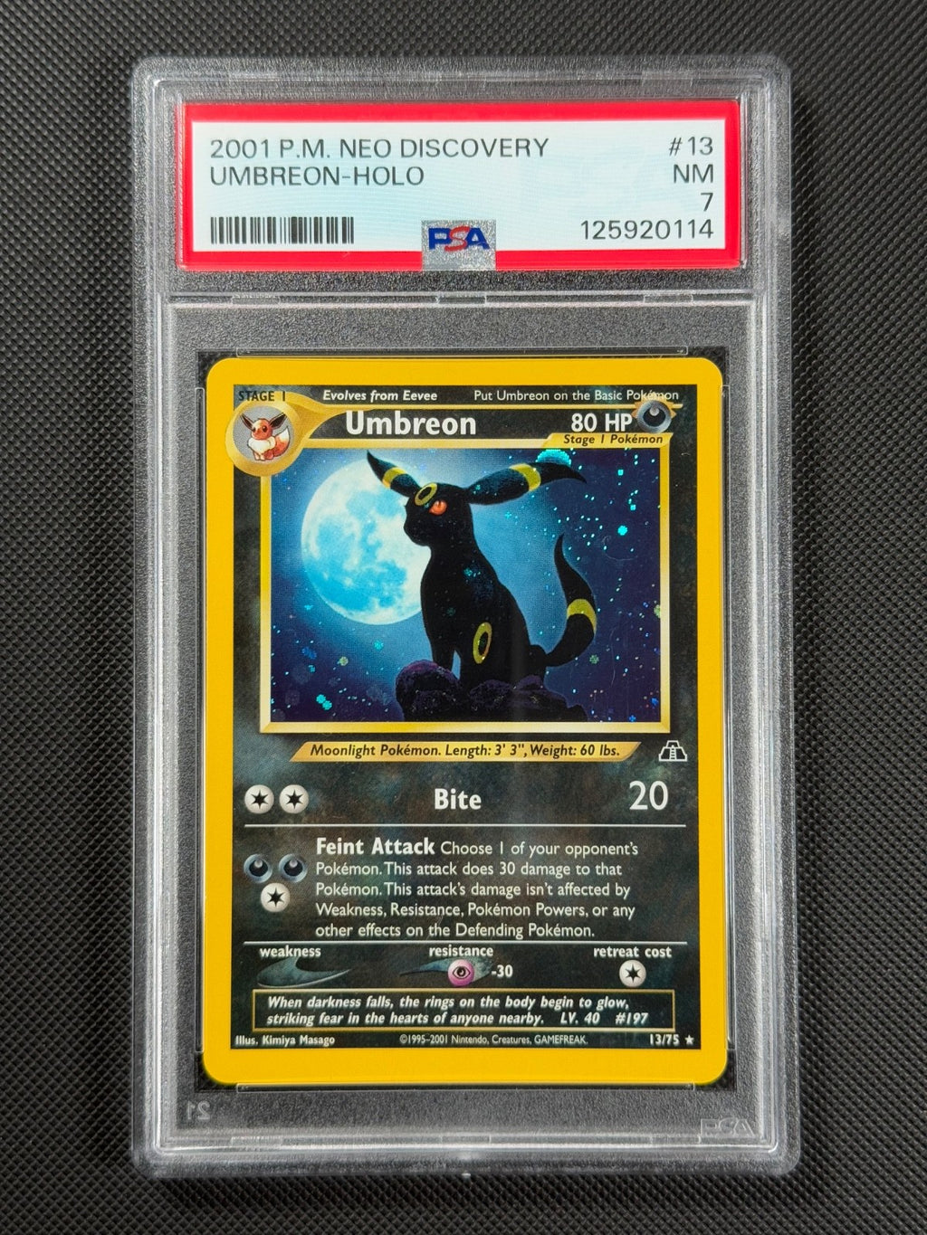 PSA 7 Umbreon 13/75 HOLO Pokémon Card WOTC Neo Discovery Rare Holo NM0