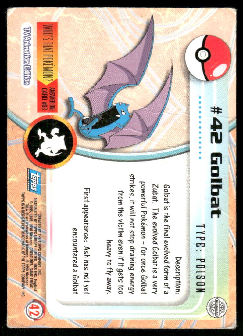 Pokemon Cards Golbat #42 HOLO Topps Trading Cards Series 1 HP1