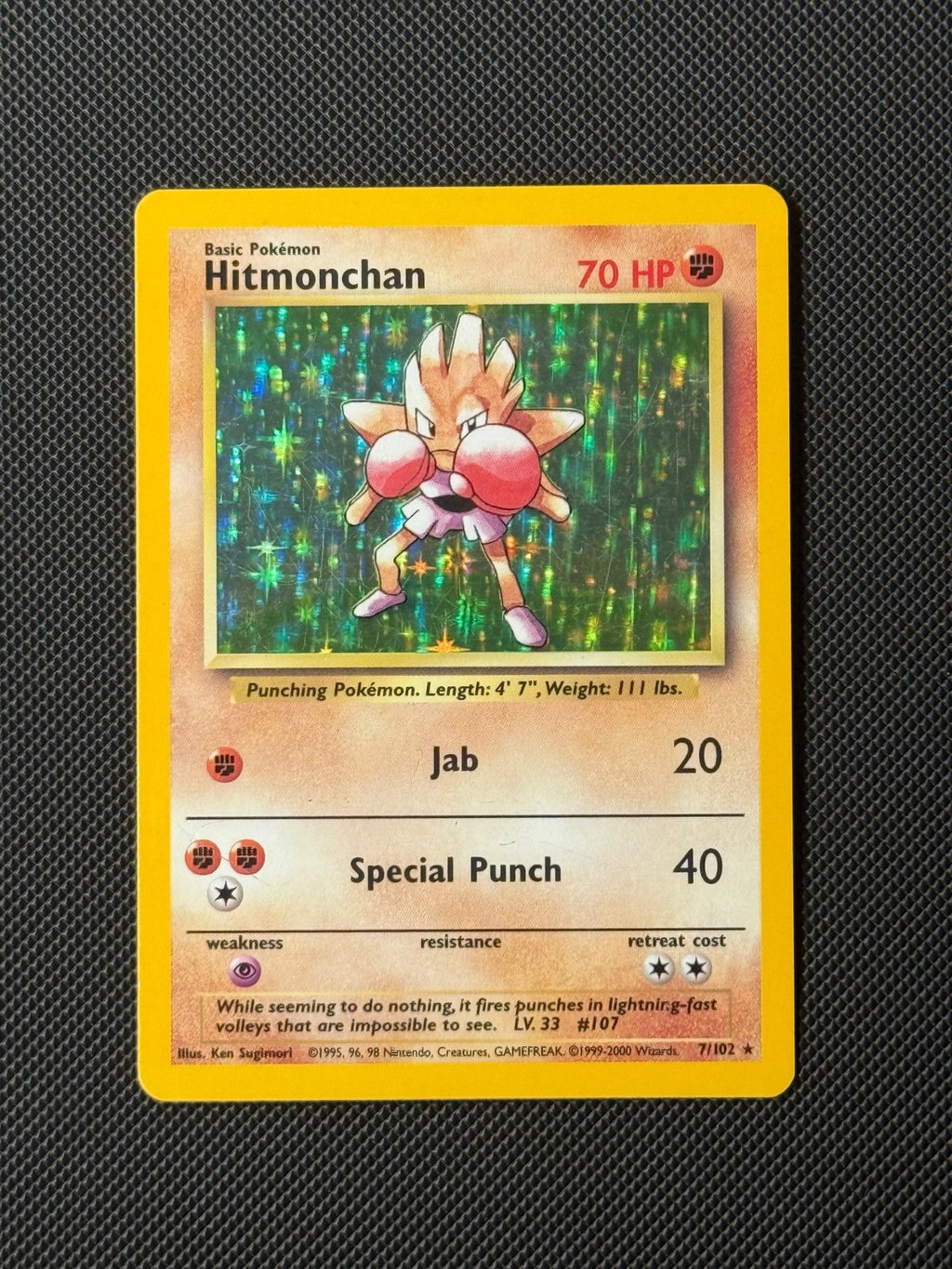 Hitmonchan 7/102 4th Print Pokémon Card Base Set 1999-2000 WOTC Holo0