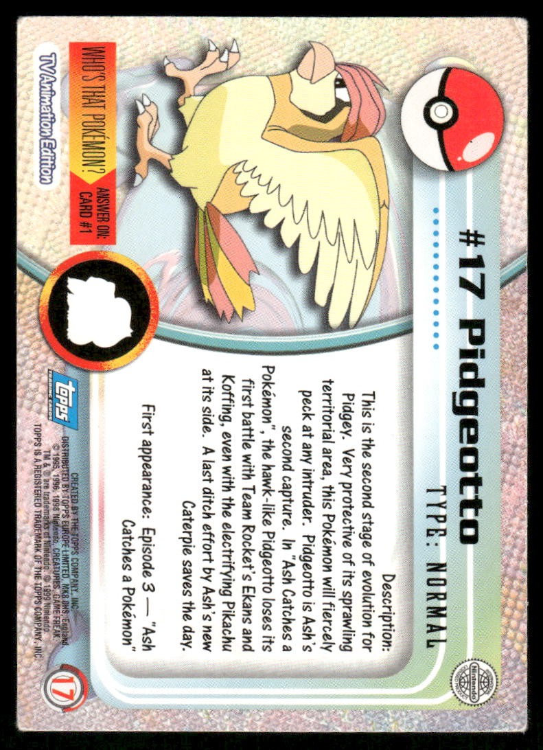 Pokemon Cards Pidgeotto #17 Topps Trading Cards Series 1 LP *21