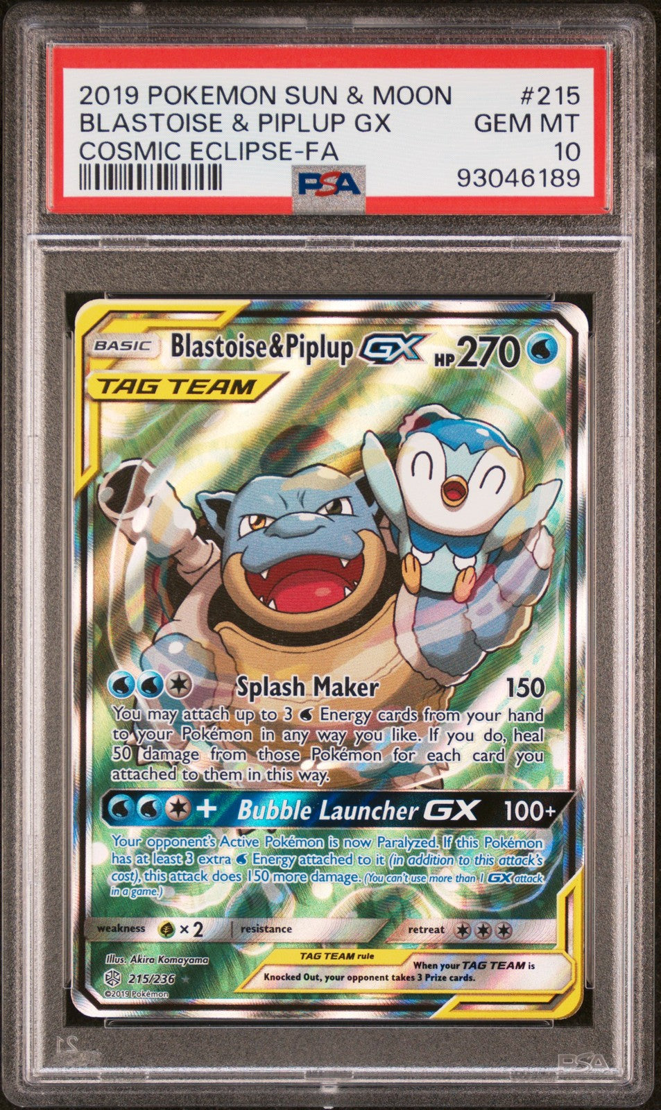 Pokemon Card Blastoise & Piplup Gx 215/236 Cosmic Eclipse Sun & Moon PSA 100