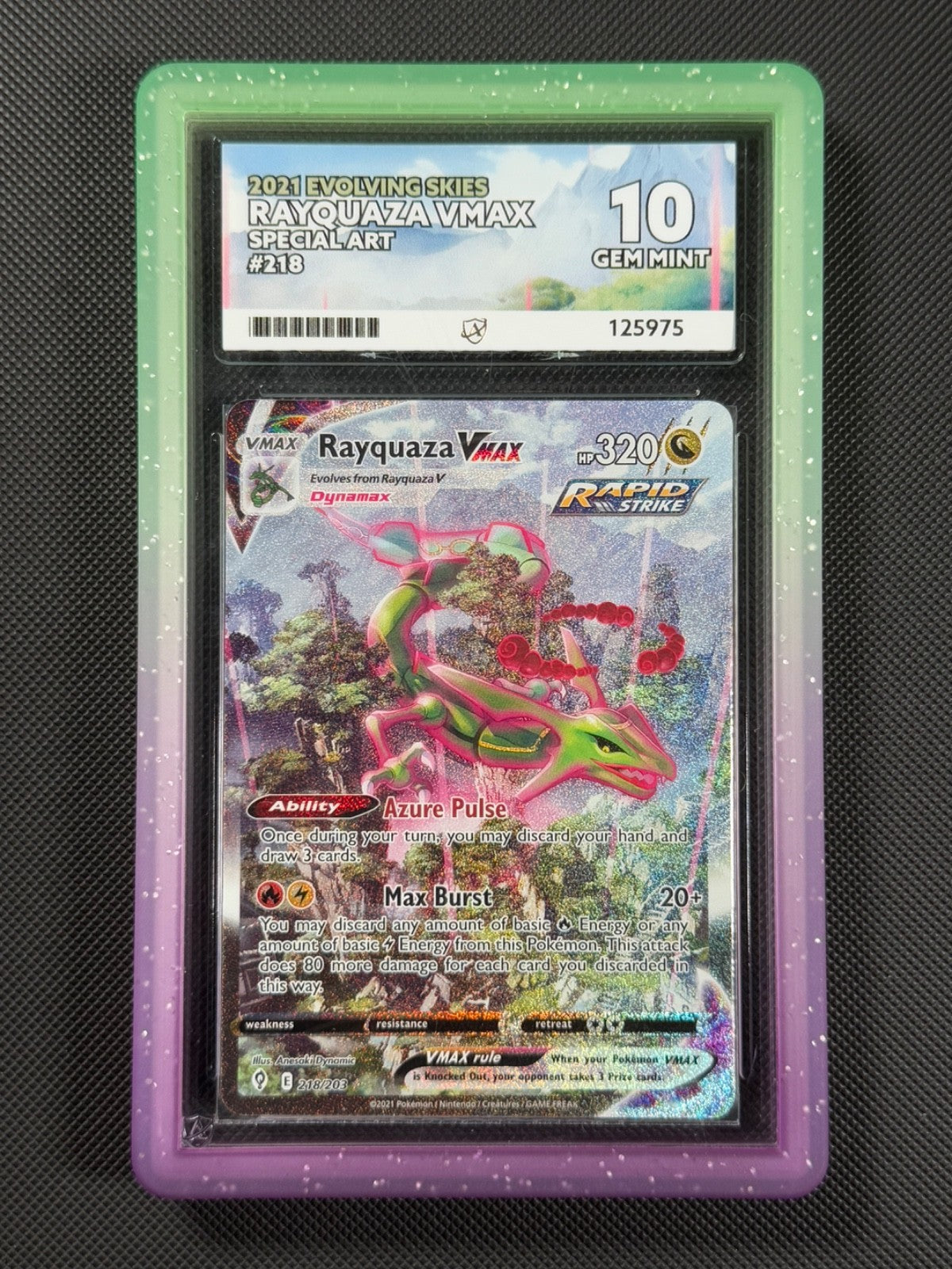 ACE 10 Rayquaza VMAX 218/203 ALT ART Pokémon Card Swsh07 Evolving Skies GEM MINT0