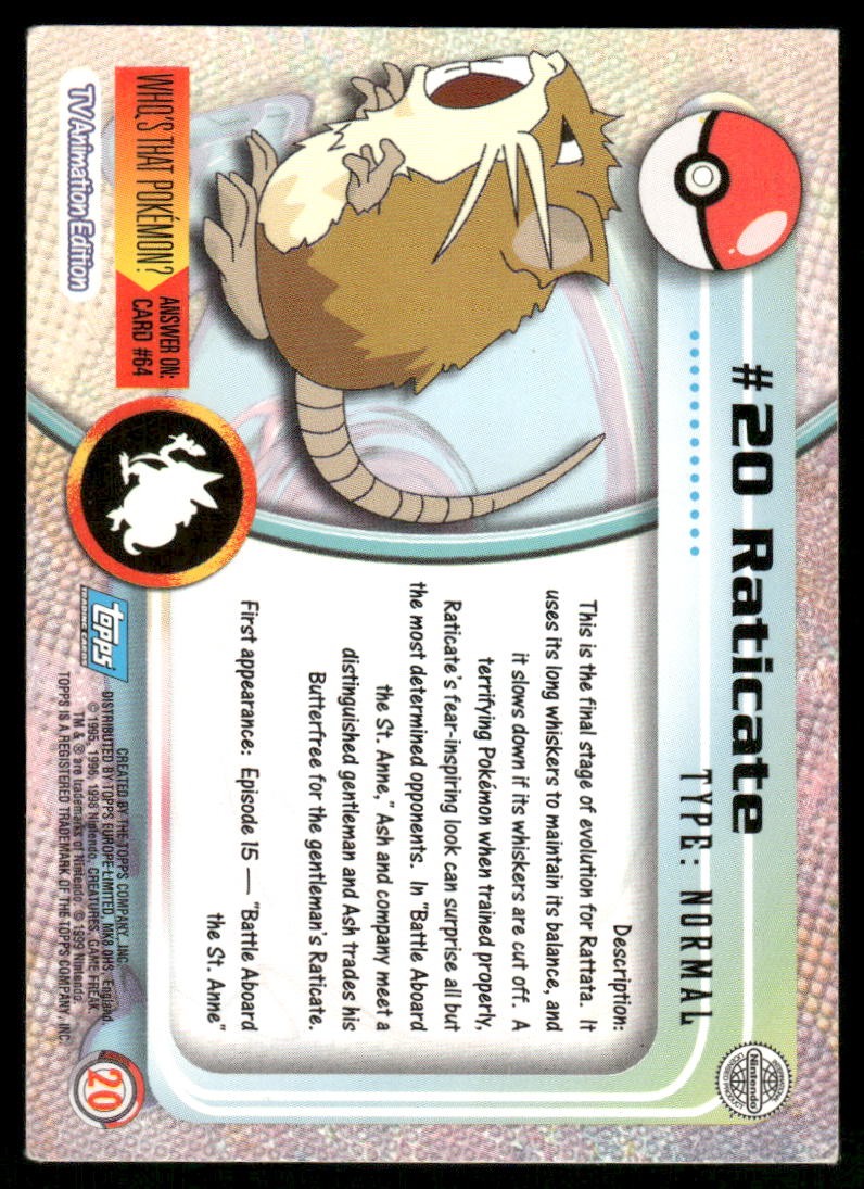 Pokemon Cards Raticate #20 Topps Trading Cards Series 1 LP *31