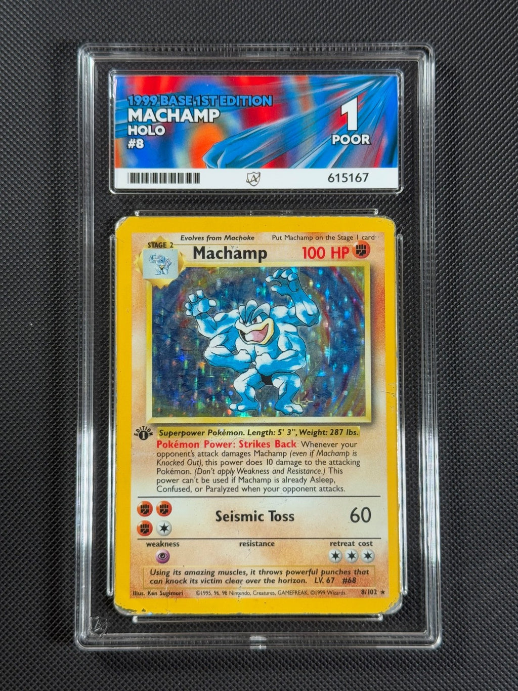 ACE 1 Machamp 8/102 HOLO Pokémon Card WOTC Base Set Holo Rare0