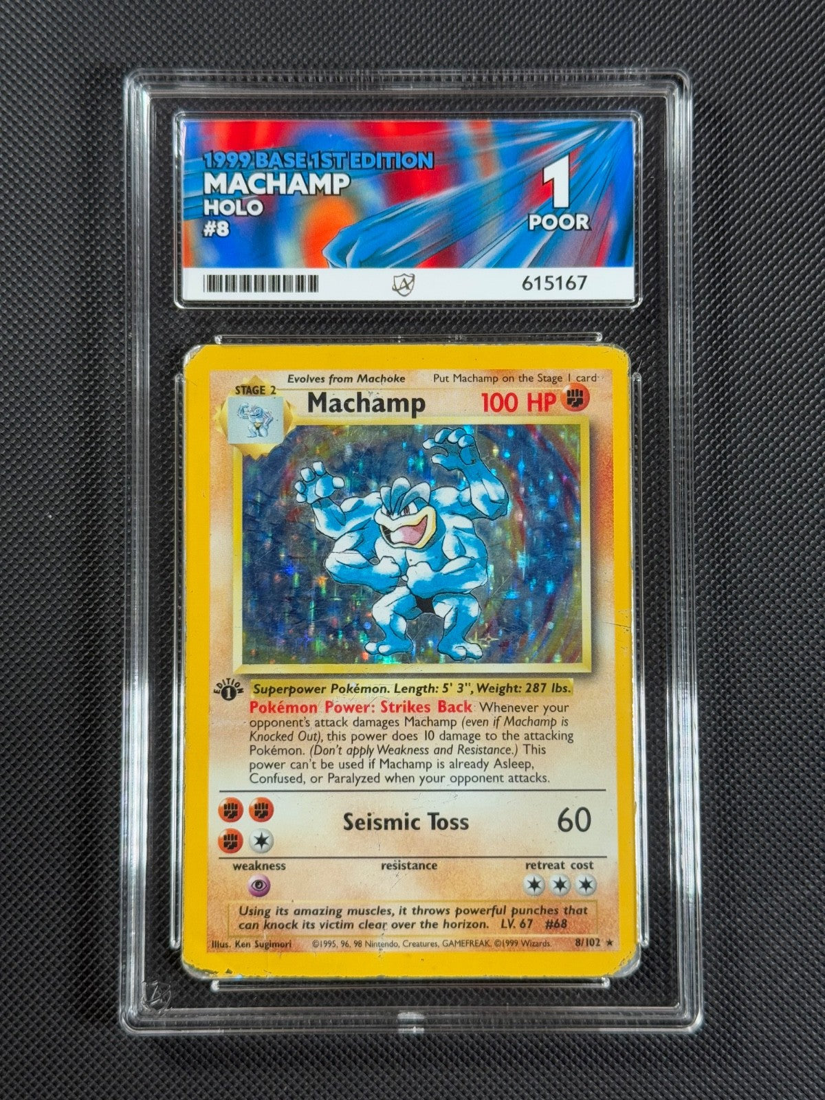 ACE 1 Machamp 8/102 HOLO Pokémon Card WOTC Base Set Holo Rare0