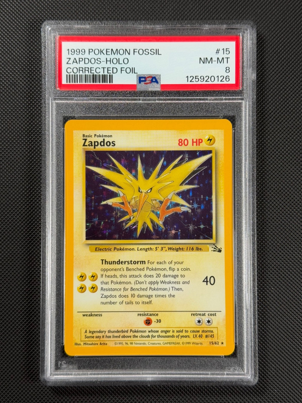 PSA 8 Zapdos 15/62 CORRECTED FOIL Pokémon Card WOTC Fossil Rare Holo NM-MT0