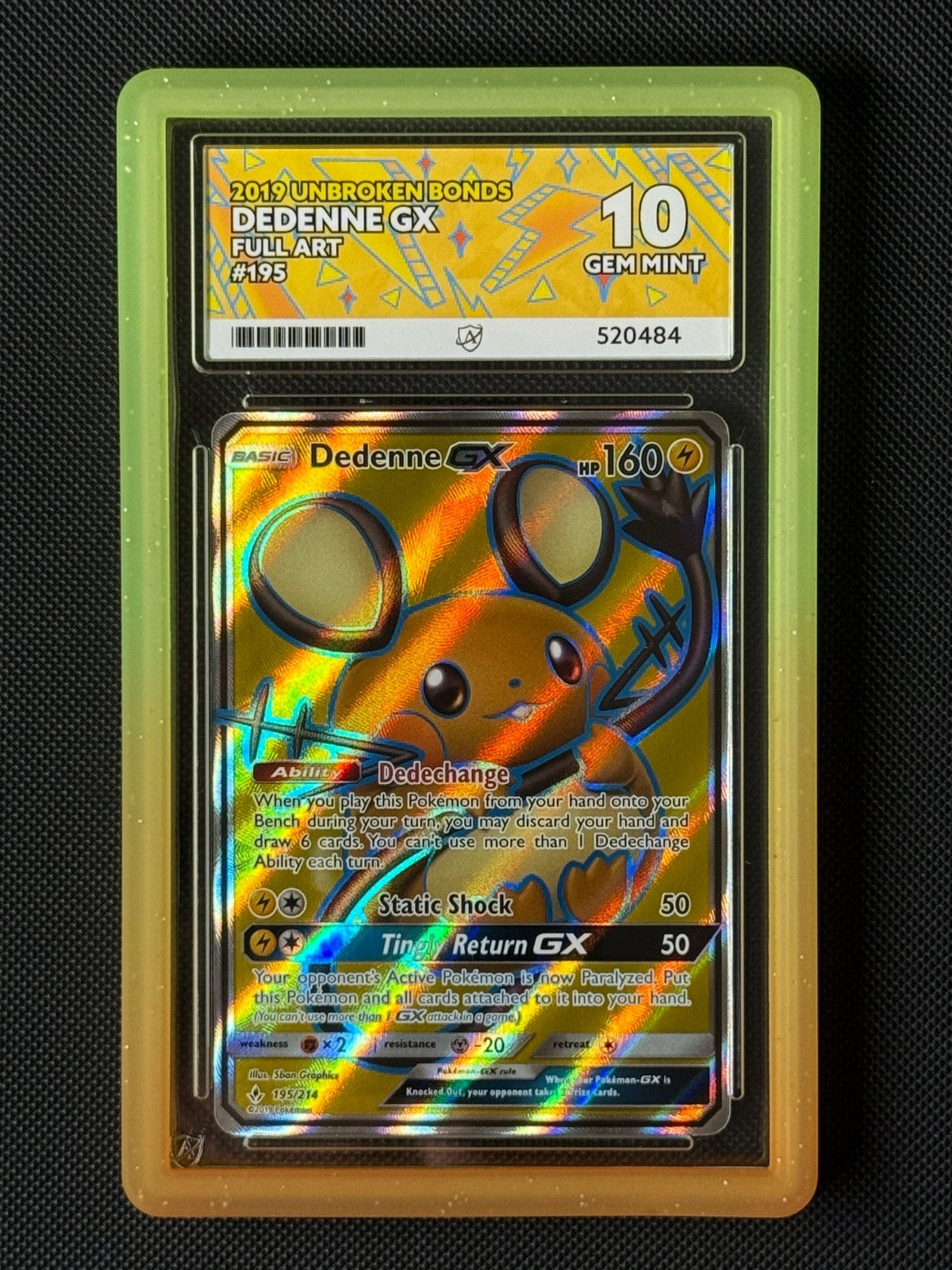 ACE 10 Dedenne GX 195/214 Full Art Pokémon Card Unbroken Bonds Holo GEM MINT0