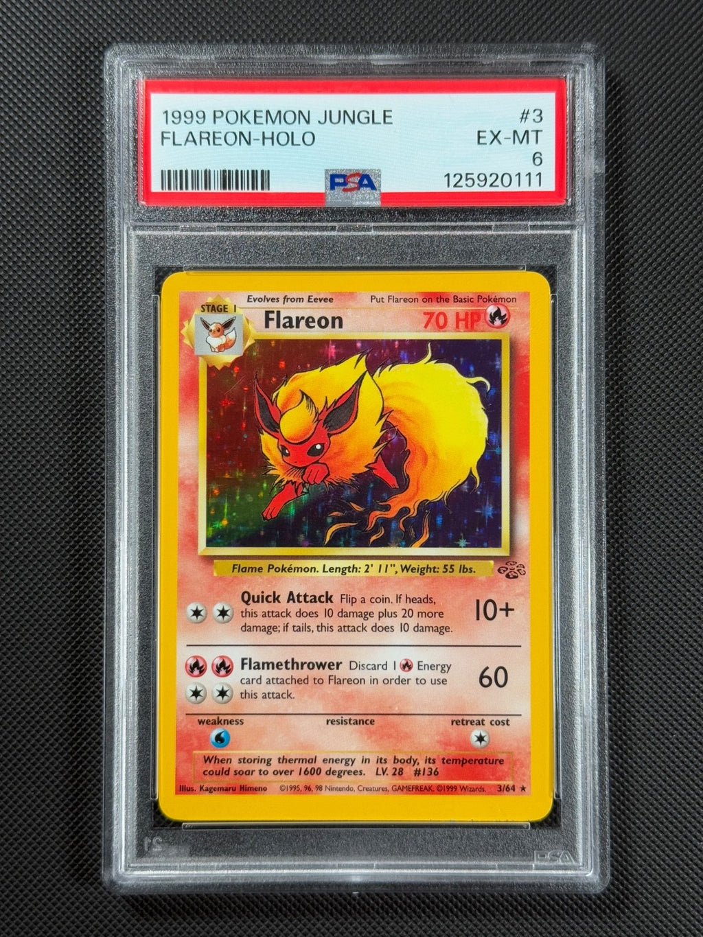 PSA 6 Flareon 3/64 HOLO Pokémon Card WOTC Jungle Rare Holo EX-MT0