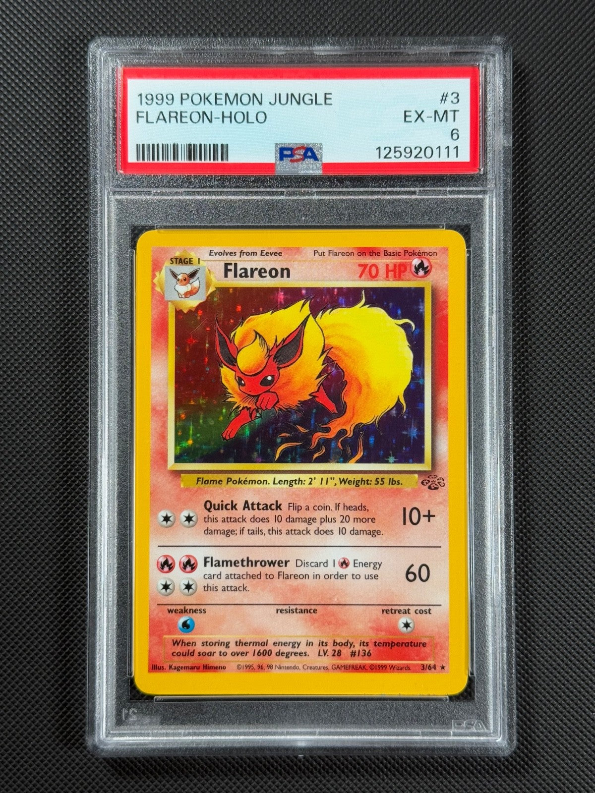 PSA 6 Flareon 3/64 HOLO Pokémon Card WOTC Jungle Rare Holo EX-MT0