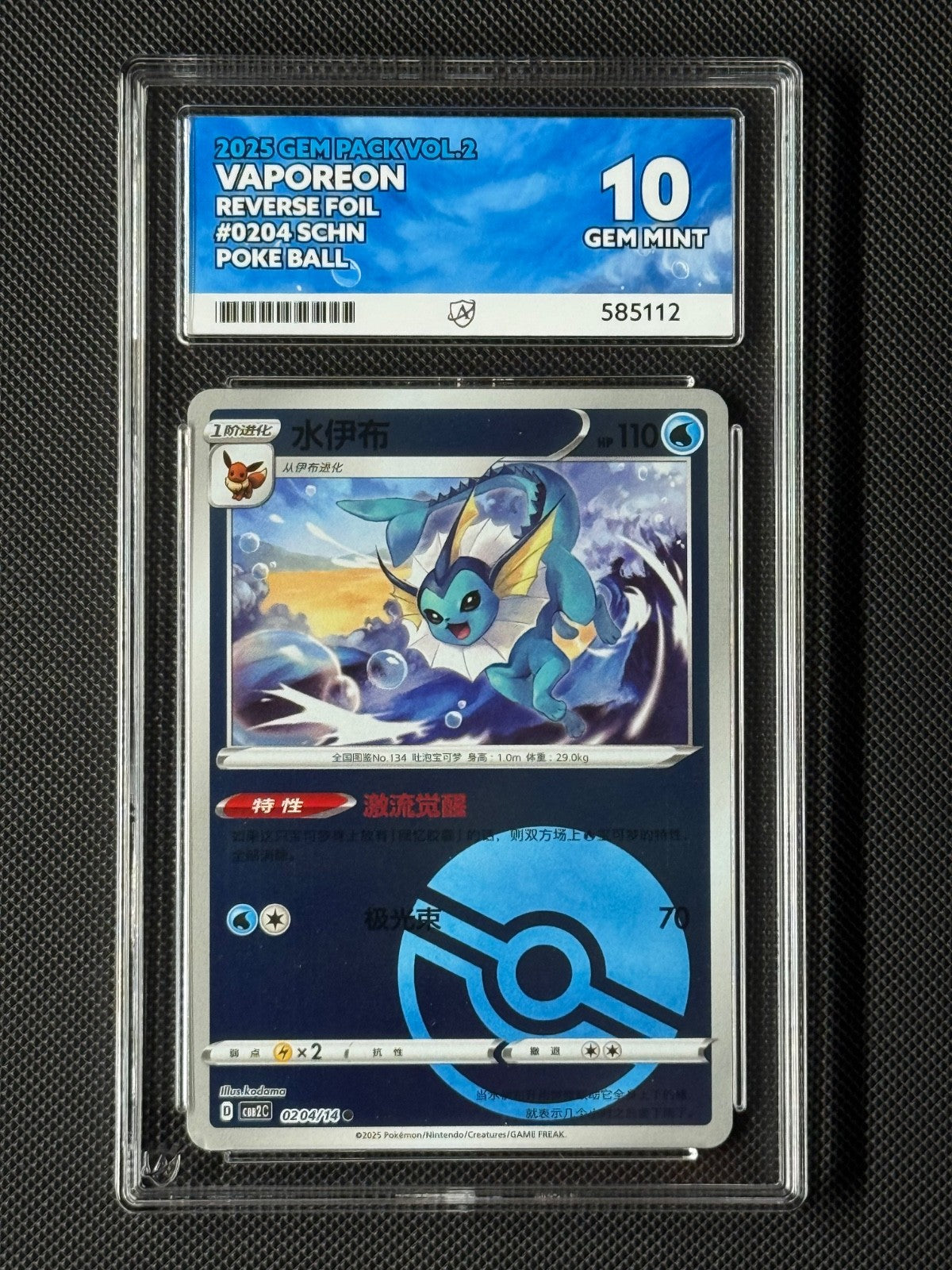 ACE 10 Vaporeon 0204/14 Chinese Pokémon Card CBB2C GEM Pack Vol.2 GEM MINT0