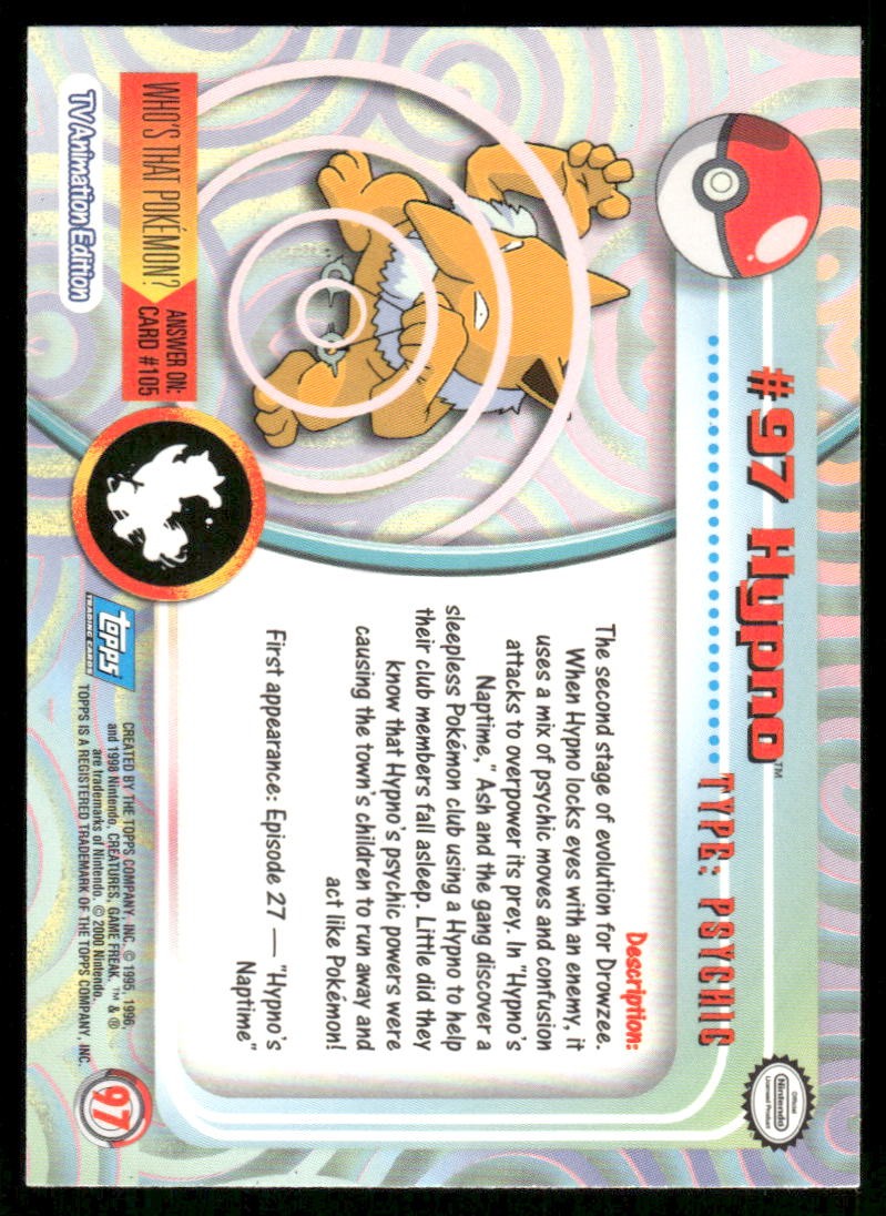 Pokemon Cards Hypno #97 Topps Trading Cards HOLO Series 2 NM1