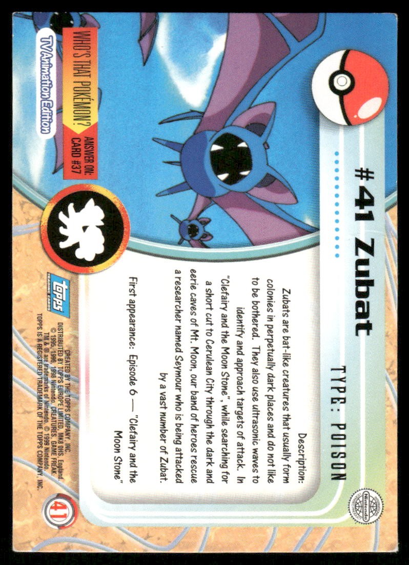 Pokemon Cards Zubat #41 Topps Trading Cards Series 1 LP *21