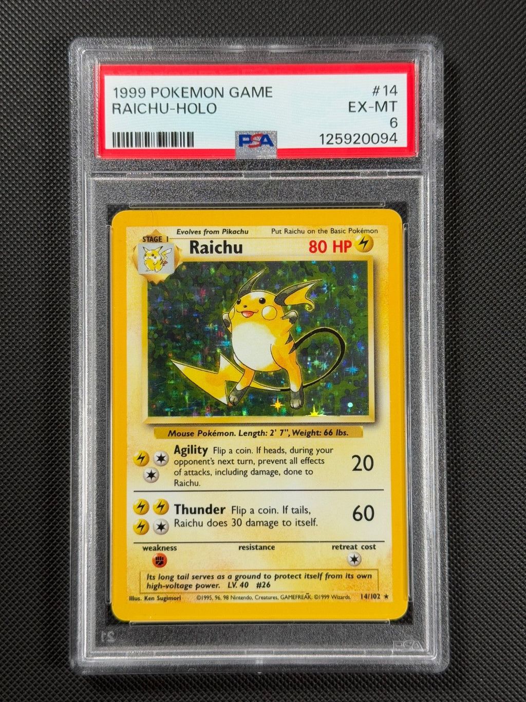 PSA 6 Raichu 14/102 HOLO Pokémon Card WOTC Base Set Rare Holo EX-MT0