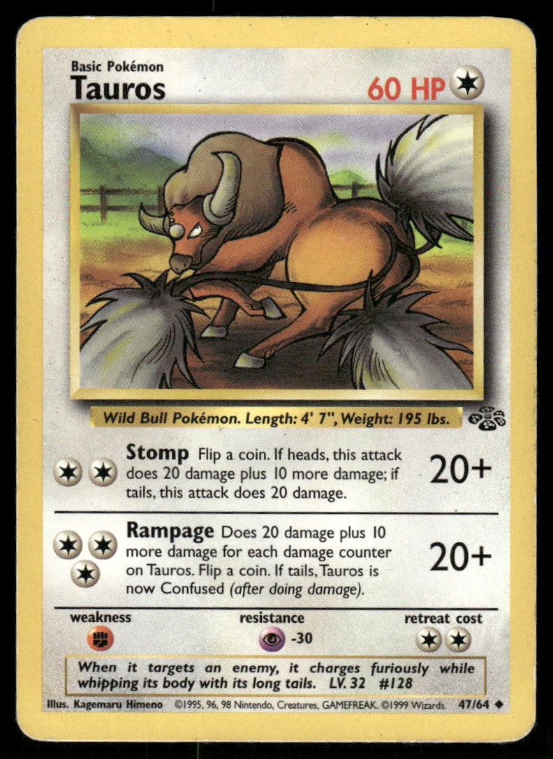 Pokemon Cards Tauros 47/64 UNLIMITED Jungle WOTC Uncommon HP0