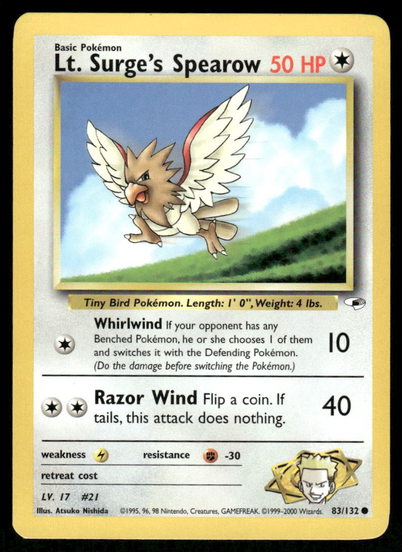 Pokemon Cards Lt. Surge's Spearow 83/132 UNLIMITED Gym Heroes WOTC Common NM0