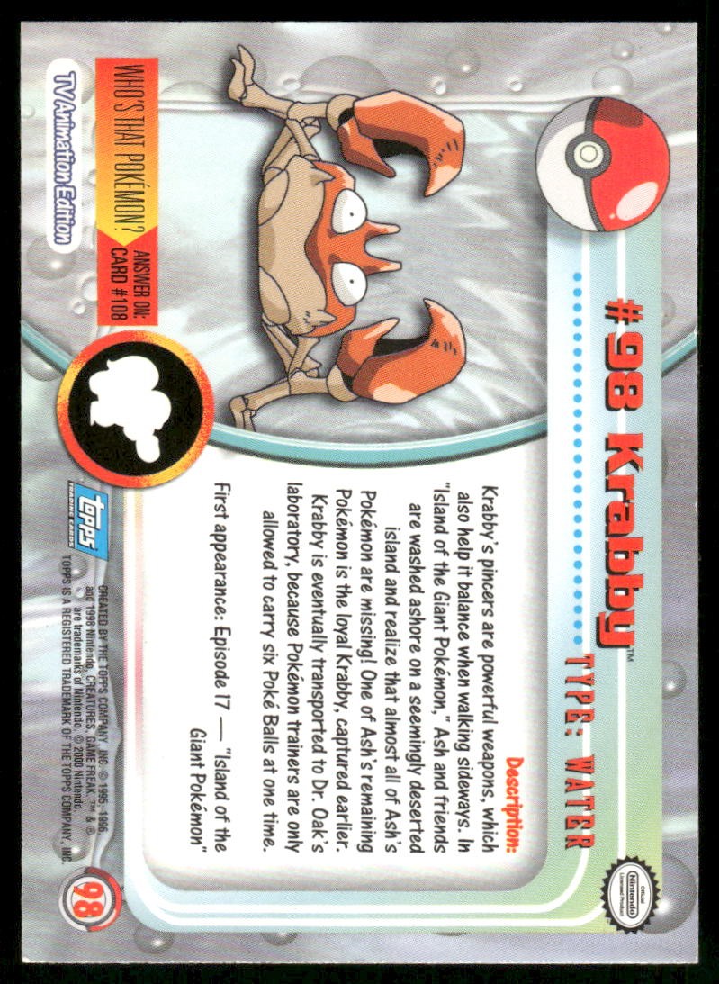 Pokemon Cards Krabby #98 Topps Trading Cards HOLO Series 2 NM *21