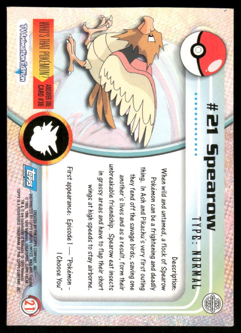 Pokemon Cards Spearow #21 Topps Trading Cards Series 1 LP *31