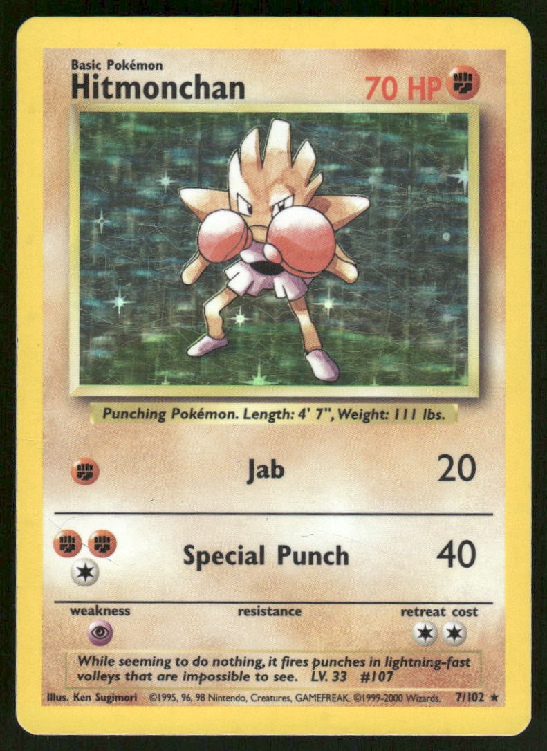 Pokemon Cards Hitmonchan 7/102 UNLIMITED Base Set WOTC Rare LP0