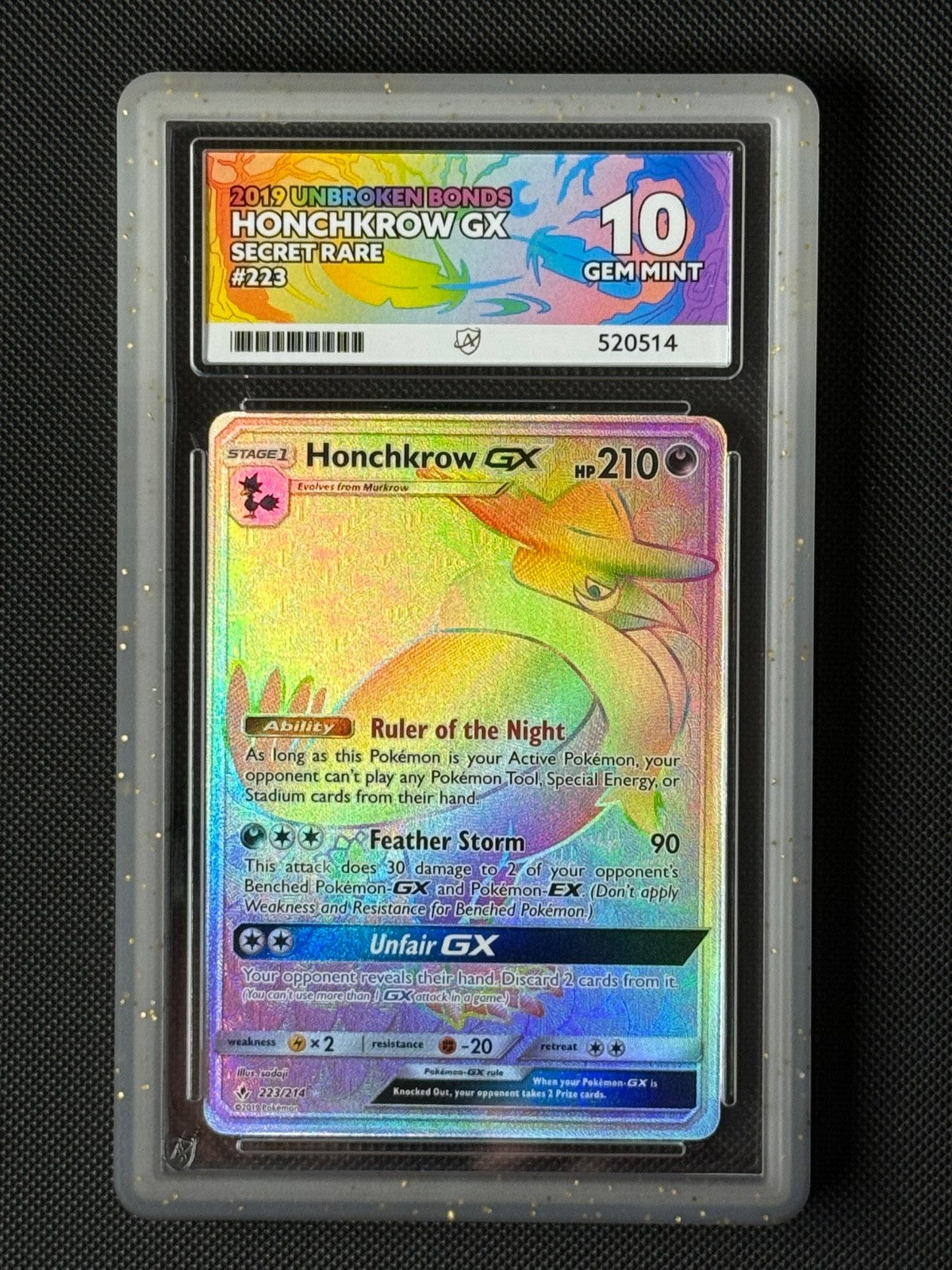 ACE 10 Honchkrow GX 223/214 Secret Rare Pokémon Card SM Unbroken Bonds GEM MINT0
