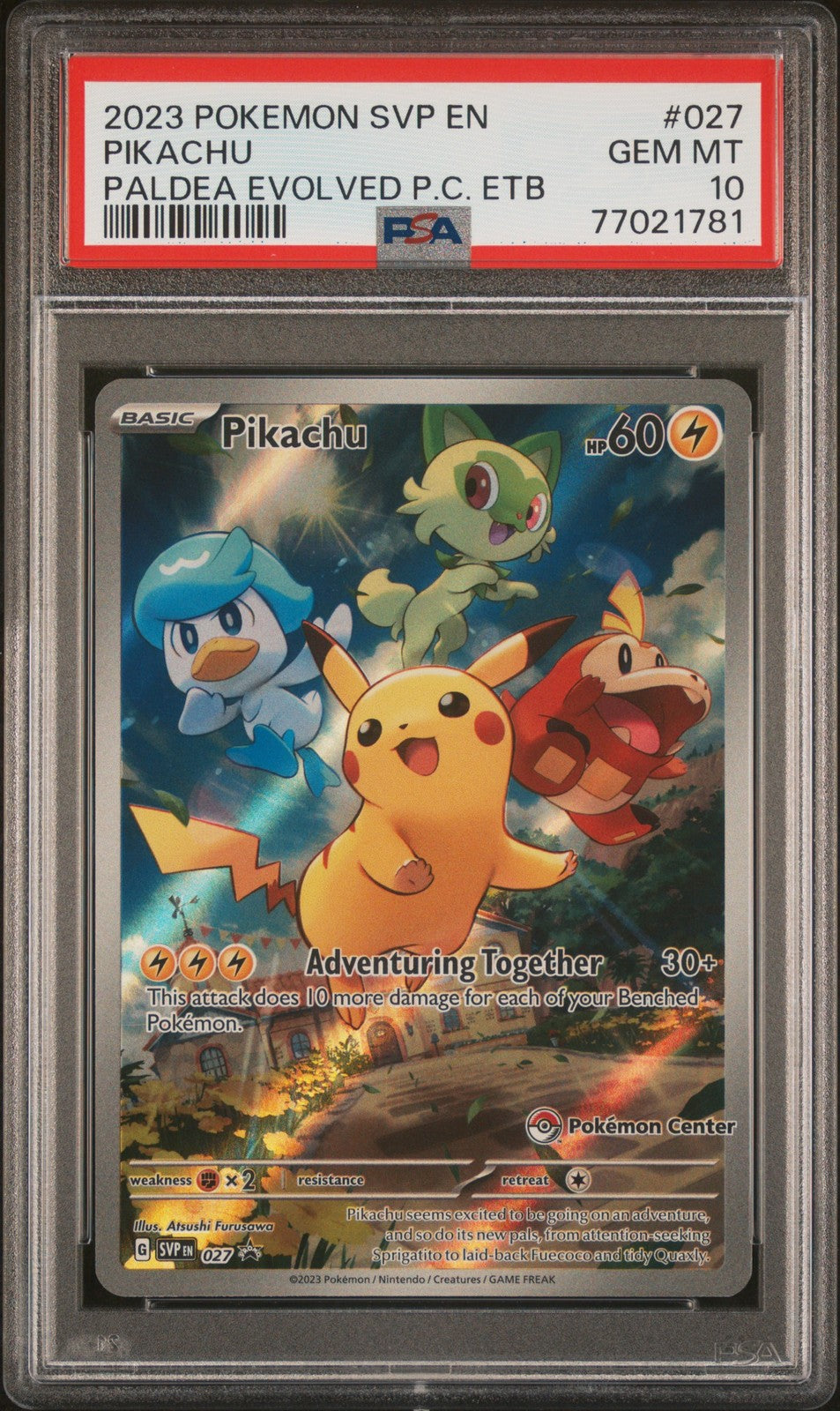 Pokemon Card Pikachu 027/193 Paldea Evolved Pokémon Center ETB PSA 100