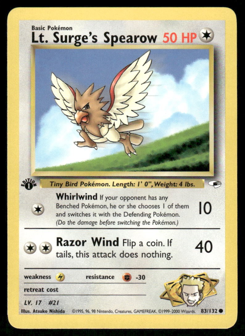 Pokemon Cards Lt. Surge's Spearow 83/132 1ST EDITION Gym Heroes WOTC Common NM0