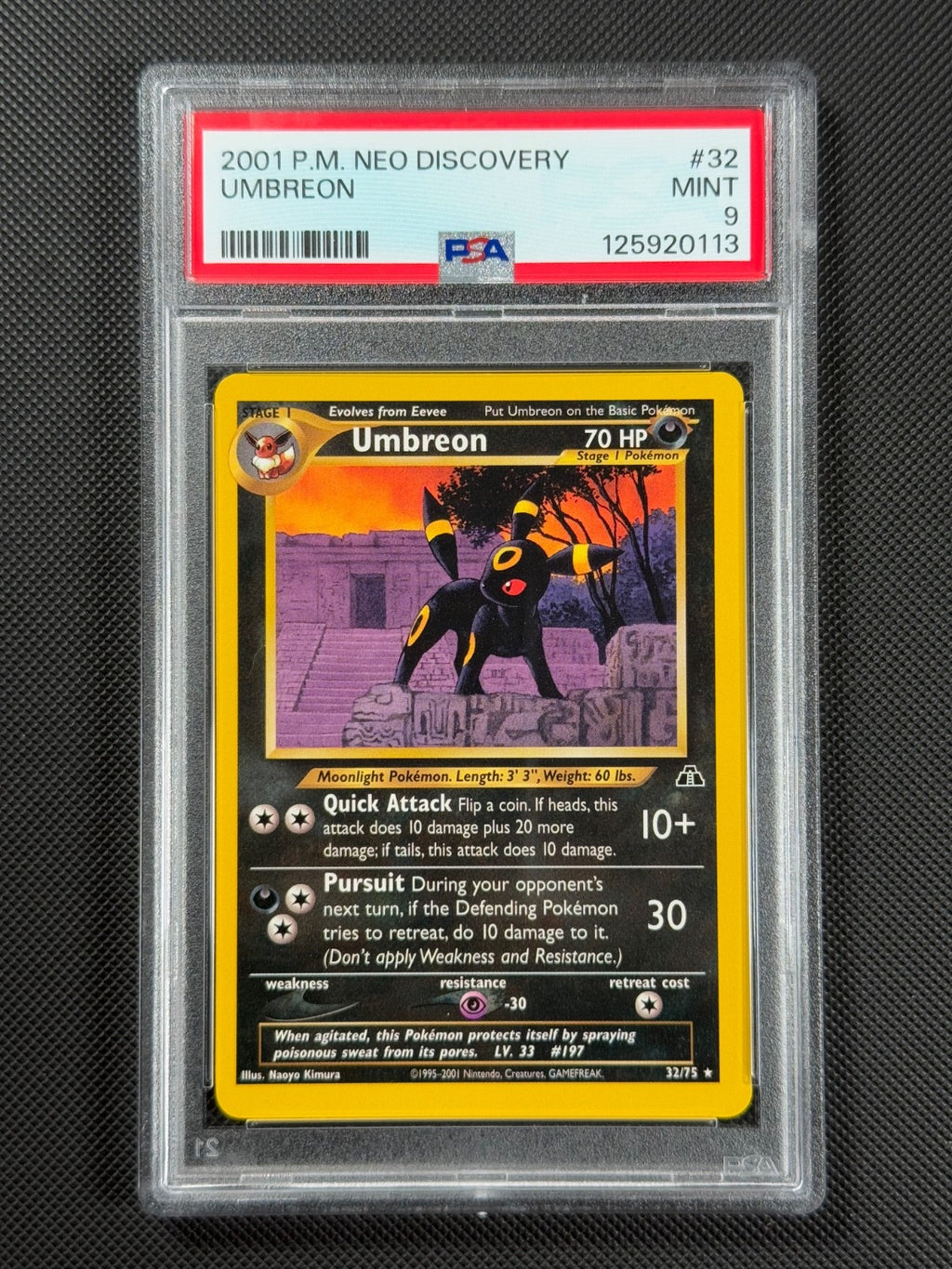 PSA 9 Umbreon 32/75 NON HOLO Pokémon Card WOTC Neo Discovery Rare MINT0