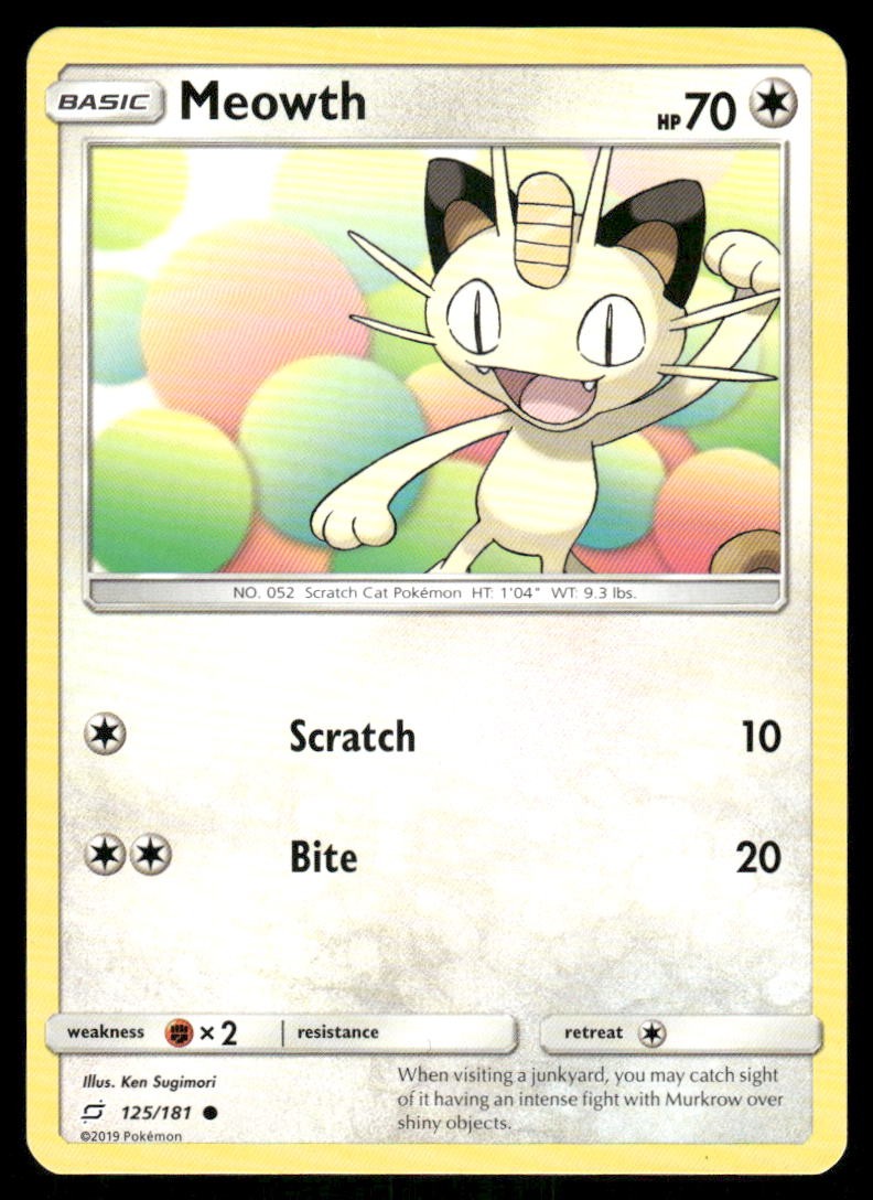 Pokemon Cards Meowth 125/181 Team Up Sun & Moon Common NM0