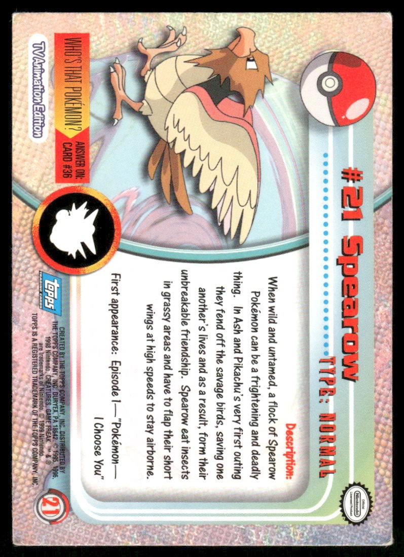 Pokemon Cards Spearow #21 Topps Trading Cards Series 1 LP *21
