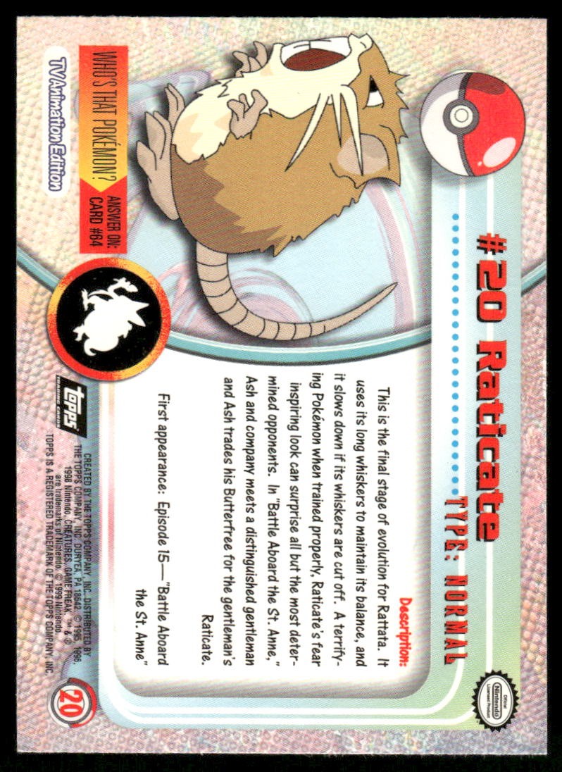 Pokemon Cards Raticate #20 Topps Trading Cards HOLO Series 1 LP1