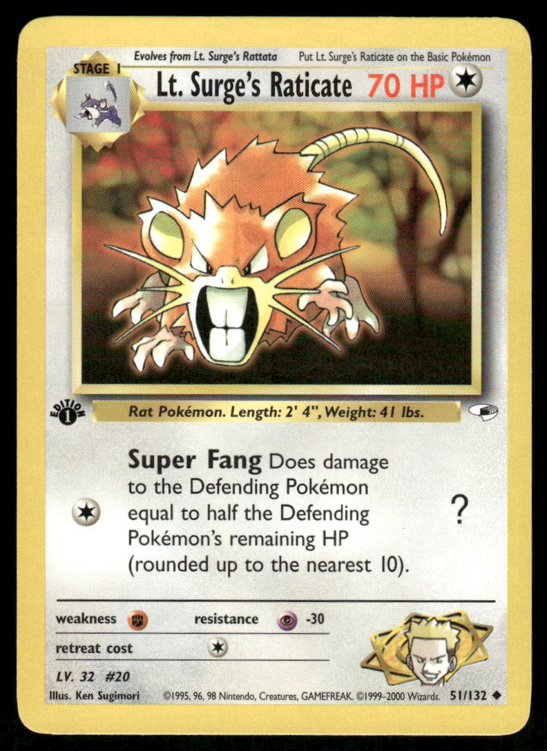Pokemon Cards Lt. Surge's Raticate 51/132 1ST EDITION Gym Heroes Uncommon LP0