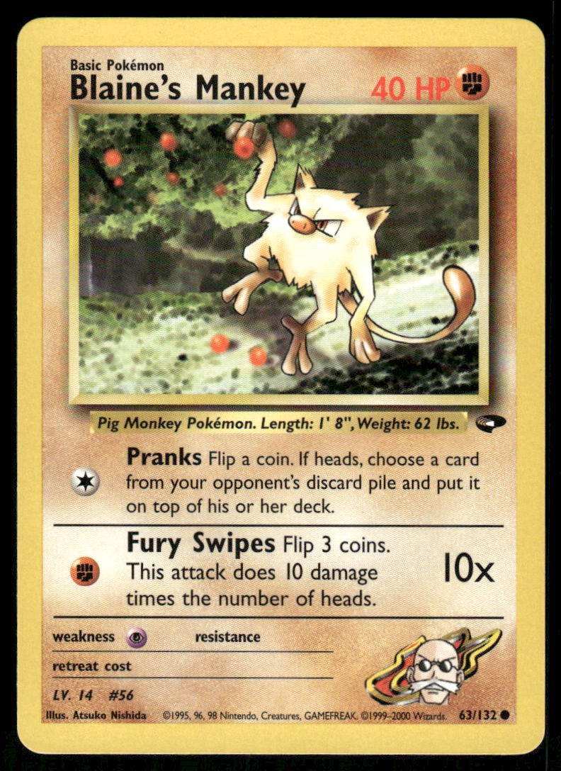 Pokemon Cards Blaine's Mankey 63/132 UNLIMITED Gym Challenge WOTC Common NM0