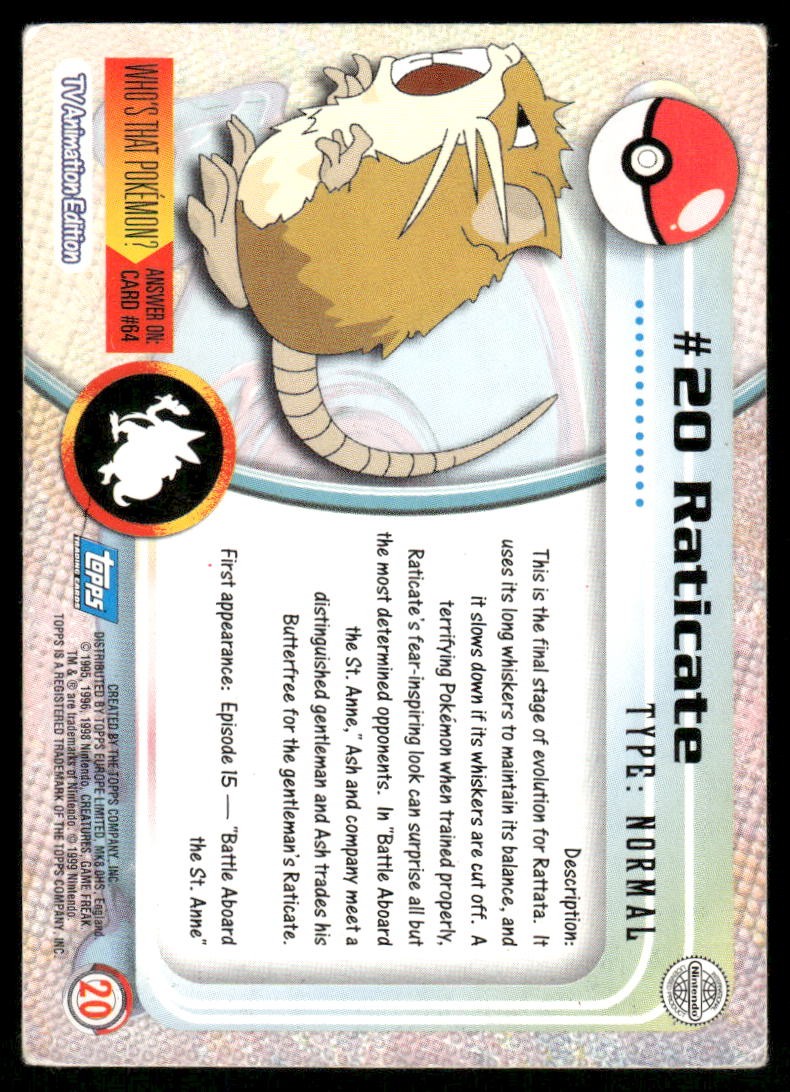 Pokemon Cards Raticate #20 Topps Trading Cards Series 1 MP *11