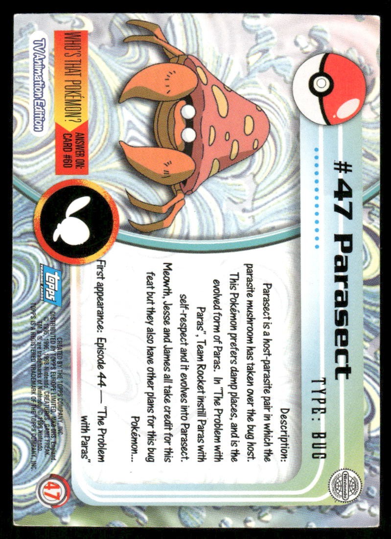 Pokemon Cards Parasect #47 Topps Trading Cards Series 1 NM *31