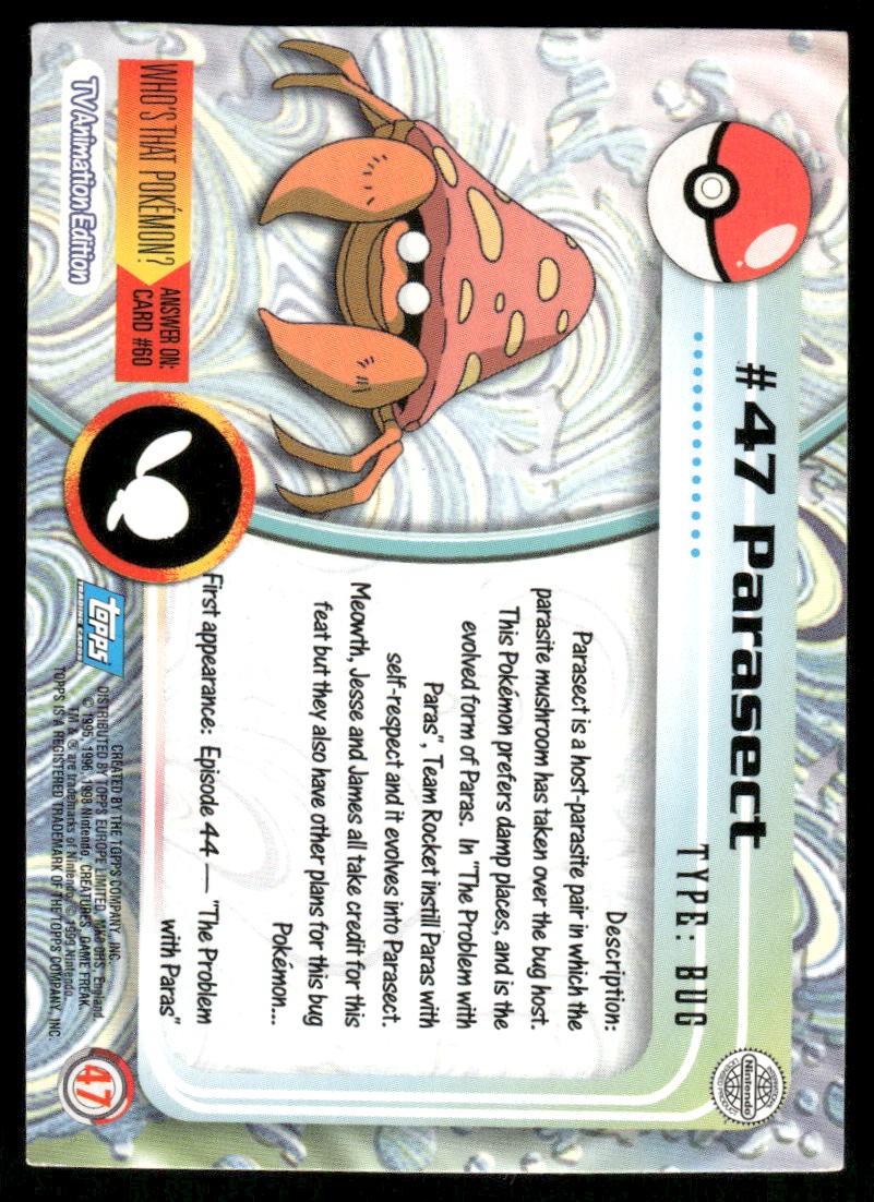 Pokemon Cards Parasect #47 Topps Trading Cards Series 1 NM *21