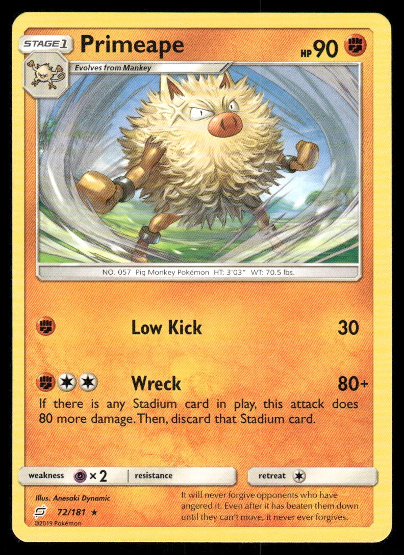 Pokemon Cards Primeape 72/181 Team Up Sun & Moon Rare NM0