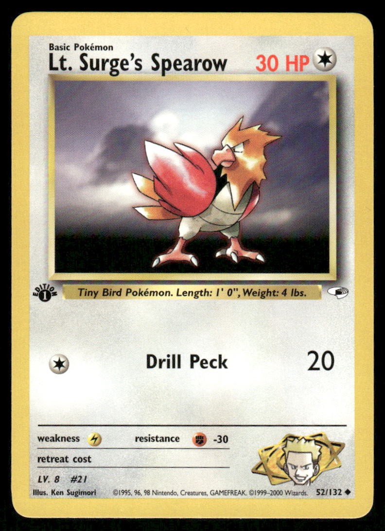 Pokemon Cards Lt. Surge's Spearow 52/132 1ST EDITION Gym Heroes WOTC Uncommon NM0