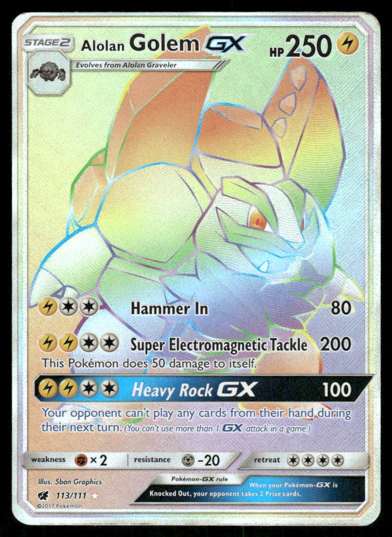 Pokemon Cards Alolan Golem GX 113/111 Crimson Invasion Rare Rainbow NM0