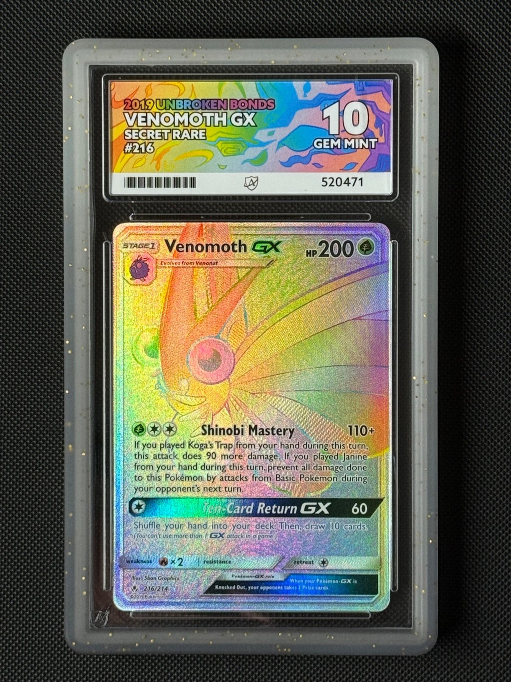 ACE 10 Venomoth GX 216/214 Secret Rare Pokémon Card Unbroken Bonds GEM MINT0