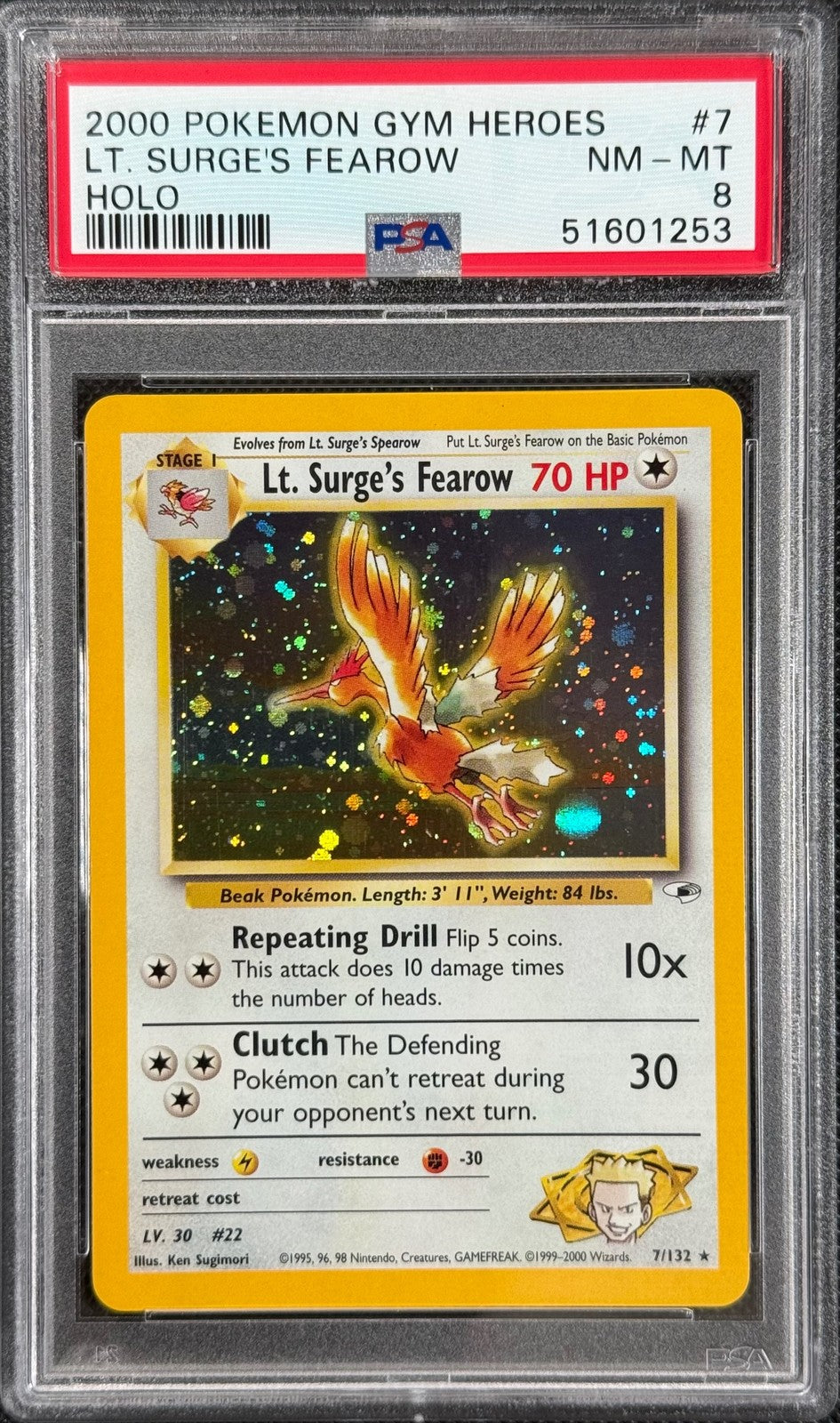Pokemon Card Lt. Surge's Fearow 7/132 Holo Gym Heroes WOTC PSA 80