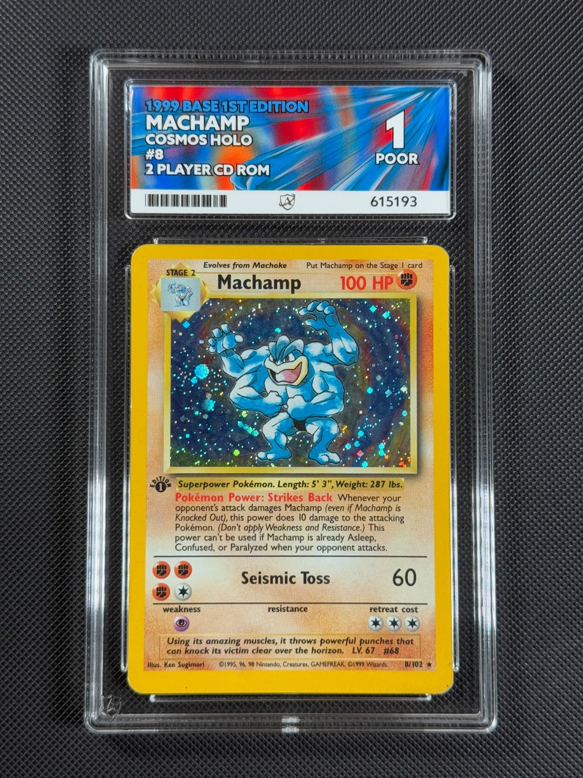 ACE 1 Machamp 8/102 COSMOS HOLO Pokémon Card WOTC Base Set 1st Edition Holo Rare0