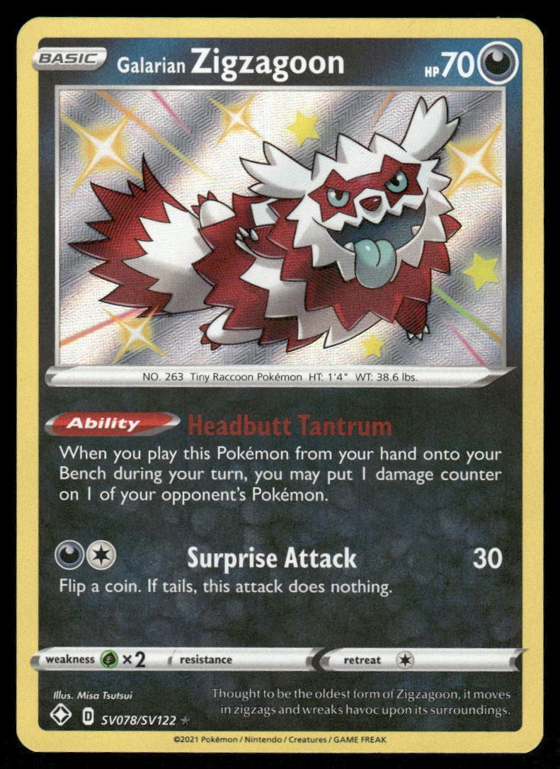 Pokemon Cards Galarian Zigzagoon SV078/SV122 Shining Fates Shiny Vault NM0
