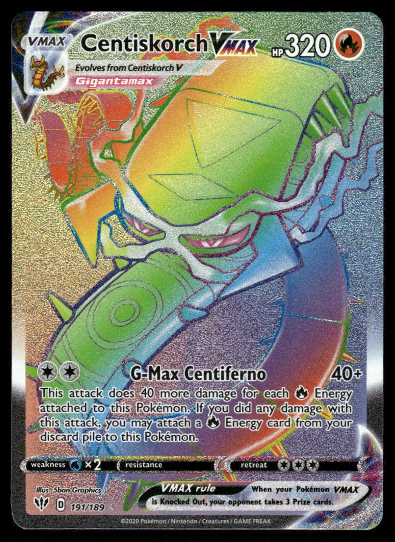Pokemon Cards Centiskorch VMAX 191/189 Darkness Ablaze Rare Rainbow NM0
