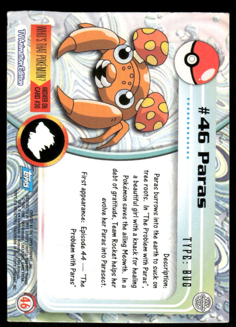 Pokemon Cards Paras #46 Topps Trading Cards Series 1 LP *21